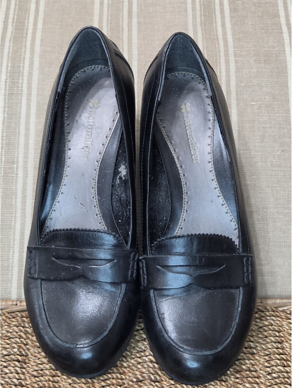 Naturalizer Black Leather Wedge Penny Loafers W 7.5
